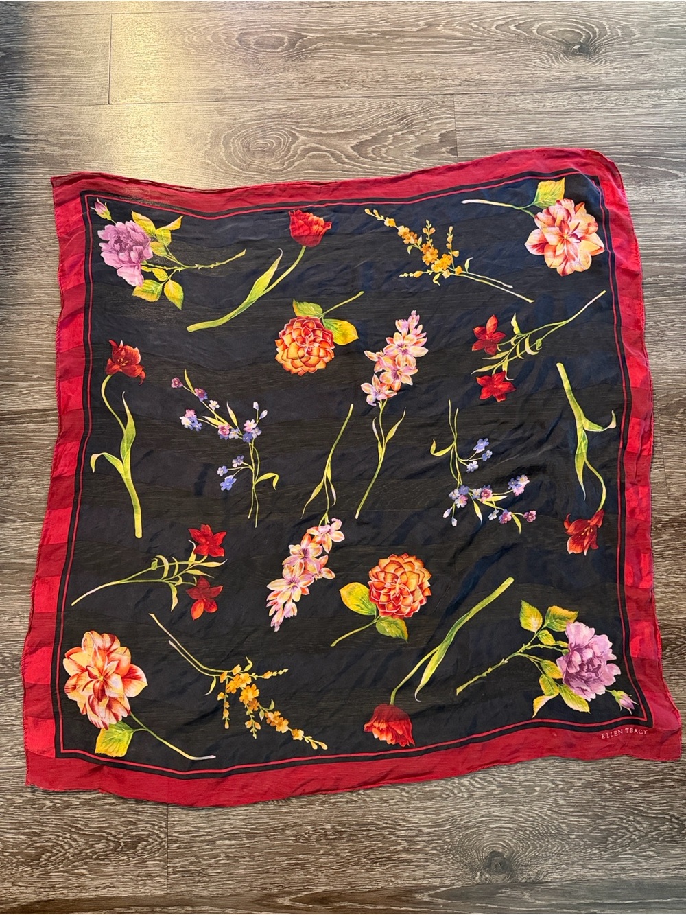 Ellen Tracy Black Silk Scarf with Red Border and Pink Floral Print - Picture 1 of 5